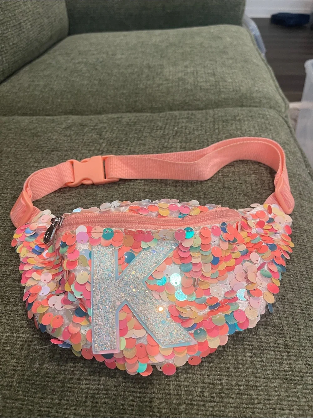 Justice-Kids Pink/Peach Sequin Fanny Pack with Glitter Initial K